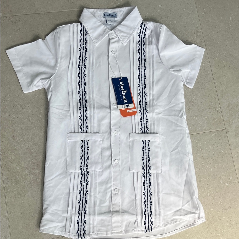 Blue Quail Guayabera White and Navy Embroidered Shirt SPF 50